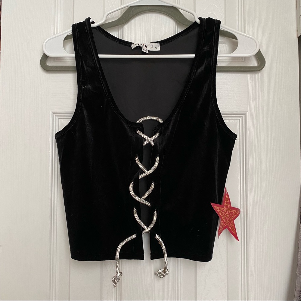 Black rhinestone corset top tie cross crop top night out blouse